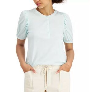 Style & Co Poet Blouse Short Puff Sleeve Crewneck Women Large Moonlight Jade NWT